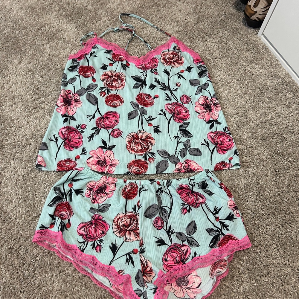 Floral Lace Trim Sleepwear Set - Pink and Blue